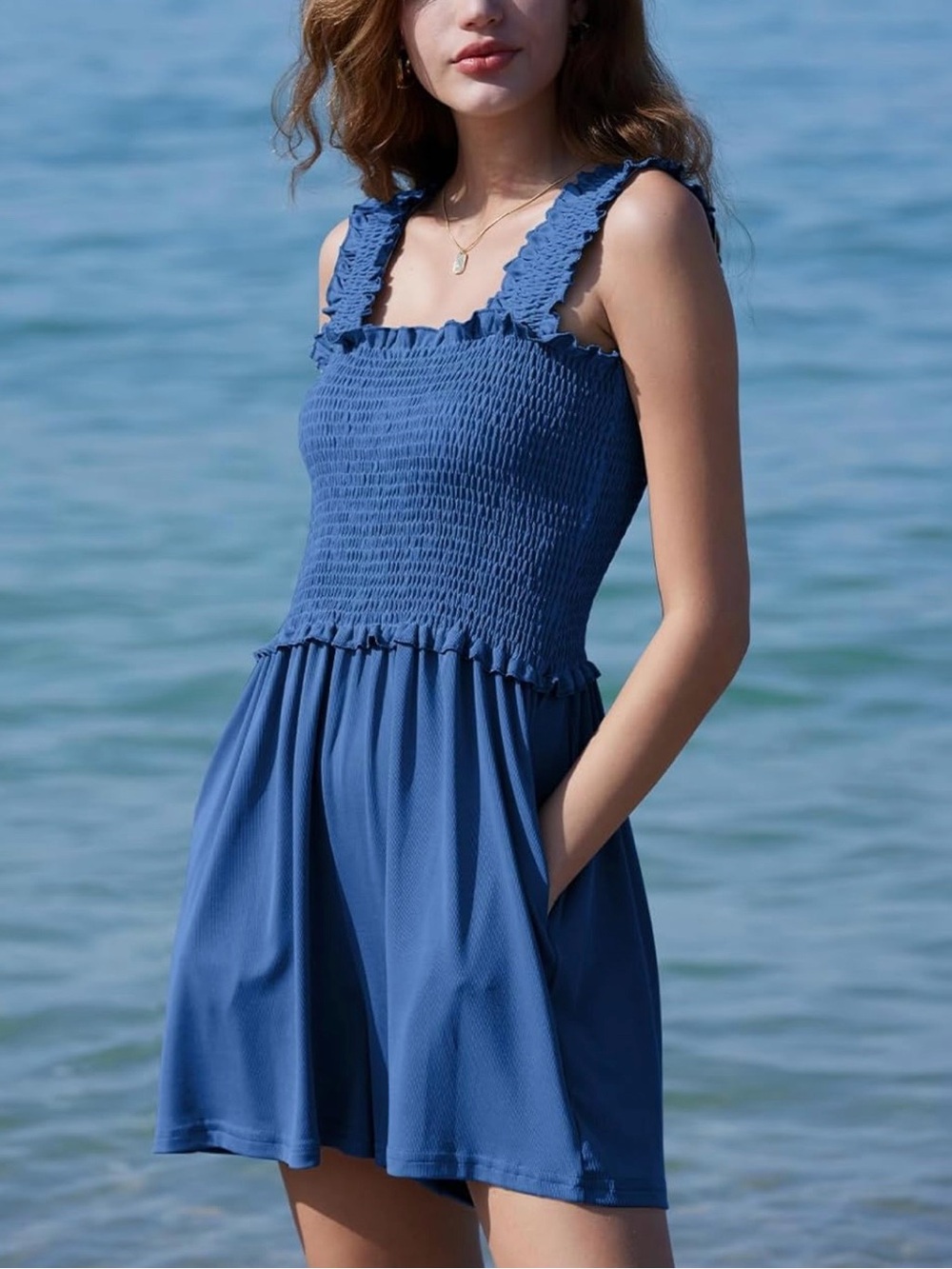 Smocked Blue Sleeveless Jumpsuit Romper with Pockets - Picture 2 of 9